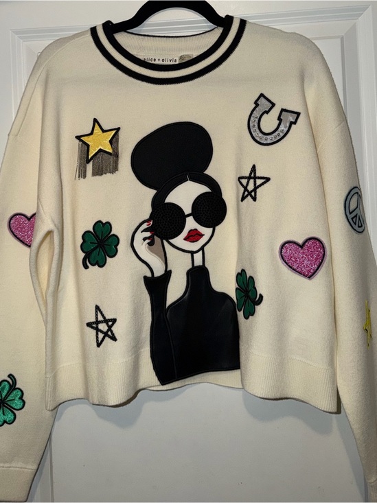 Alice + Olivia Sweaters - Alice + Olivia Ivory Graphic Crewneck Sweater with Multicolor Patches